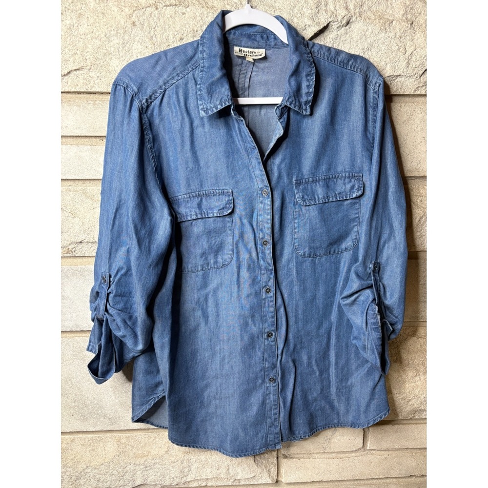 Hester &‎ Orchard Womens Blue Tencel Denim Roll Tab Sleeve Button Down Shirt L